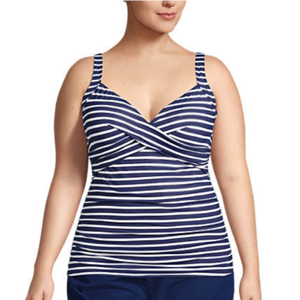 NWT Lands End SlenderSuit Tankini Swim Top Womens 18DDD Blue Stripes Nautical